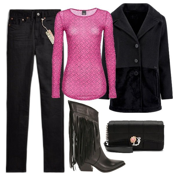 Outfit donna - Gli auguri tra amiche. Stile Trendy per Serata fuori. Abbinamento con maglieria, cappotti, stivali, jeans skinny, clutch.