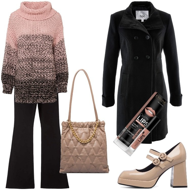 Outfit donna - Il maglione comodo - Dicembre. Stile Casual chic per Serata fuori. Abbinamento con maglieria, cappotti, rossetti, pantaloni, borse a spalla, décolleté.