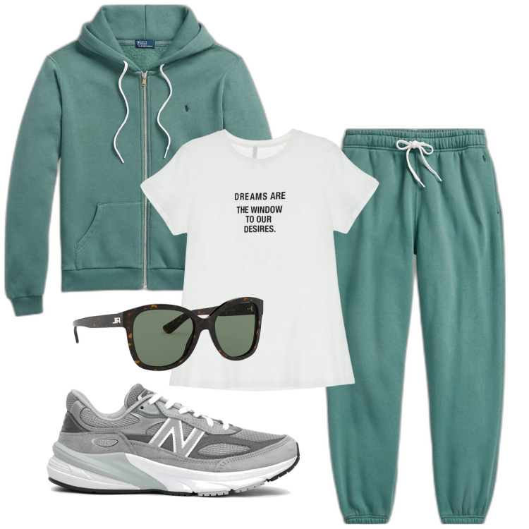 Outfit donna - Al parco. Stile Basic per Tutti i giorni. Abbinamento con t-shirt, occhiali da sole, pantaloni, felpe con cappuccio, sneakers.