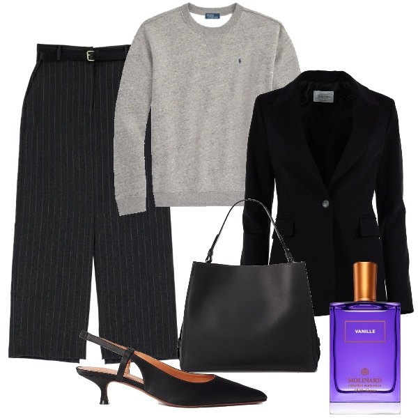 Outfit donna - Gonna gessata e slingback. Stile Bon Ton per Ufficio. Abbinamento con profumi, gonne lunghe, pullovers, borse a mano, scarpe col tacco, blazer.