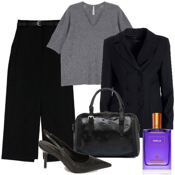 Outfit donna - Gonna gessata e slingback. Stile Bon Ton per Ufficio. Abbinamento con profumi, blazer, gonne lunghe, maglieria, décolleté, borse a mano.