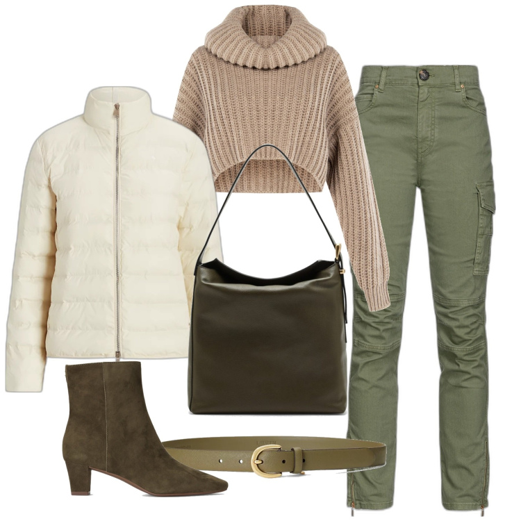 Outfit donna - Il pull corto. Stile Casual chic per Tutti i giorni. Abbinamento con pantaloni cargo, maglieria, cinture, giacche, stivaletti, borse a spalla.