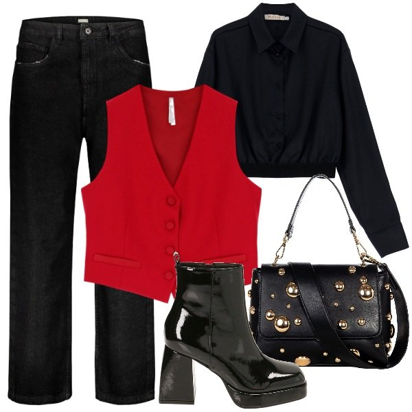 Outfit donna - Xmas jeans. Stile 70s per Serata fuori. Abbinamento con camicie, gilet, borse a spalla, stivaletti, jeans.