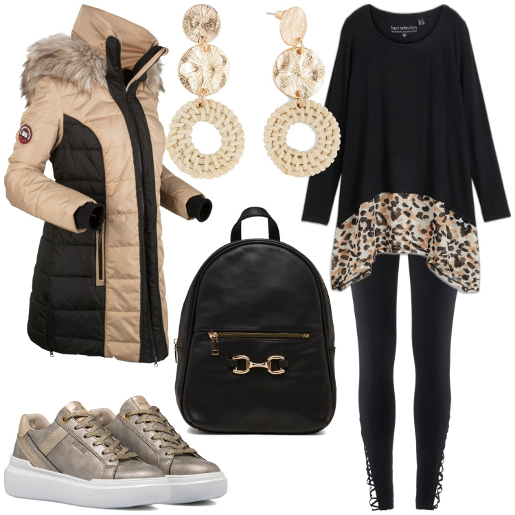 Outfit donna - Total look #1782831. Stile Casual per Tutti i giorni. Abbinamento con maglieria, orecchini, cappotti, leggings, sneakers, zaini.