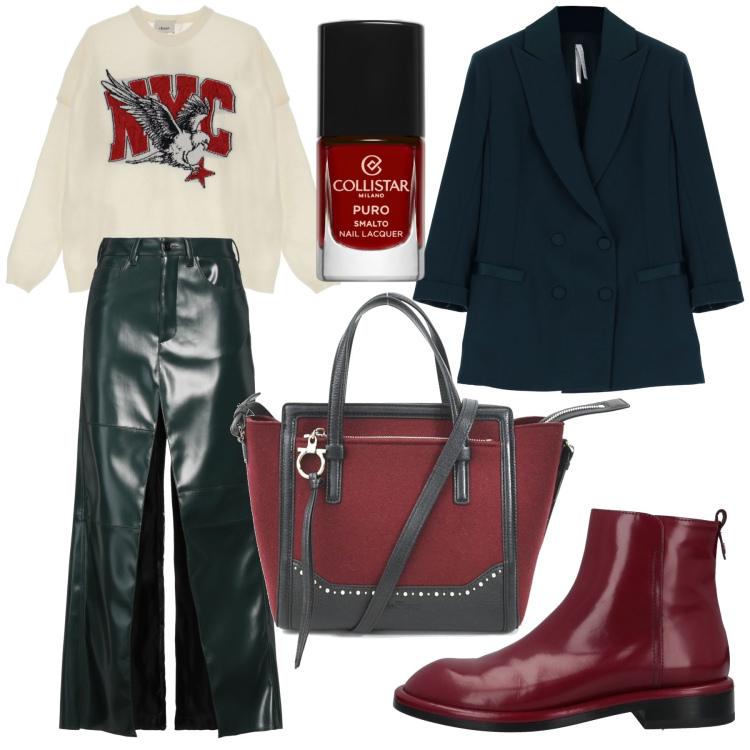 Outfit donna - Quando fa freddo. Stile Trendy per Tutti i giorni. Abbinamento con borse a mano, stivaletti, pantaloni, smalti, blazer, pullovers.