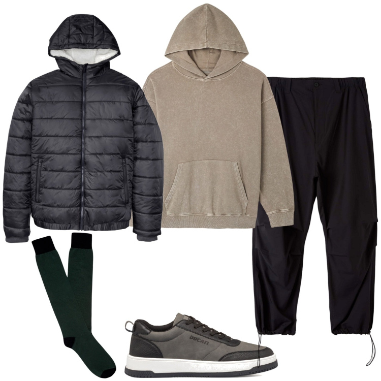 Outfit uomo - Pratico per le commissioni. Stile Casual per Tutti i giorni. Abbinamento con cappotti, pantaloni cargo, felpe con cappuccio, sneakers alte, calzini.