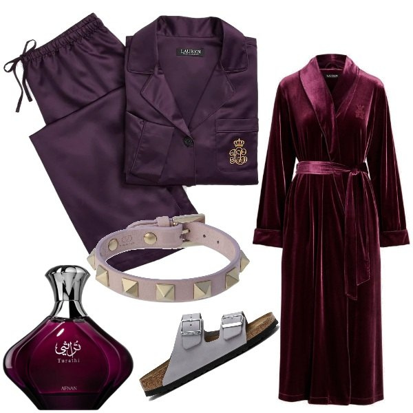 Outfit donna - Regali preziosi. Stile Basic per Tutti i giorni. Abbinamento con profumi, vestaglie, pigiama, braccialetti, ciabatte.