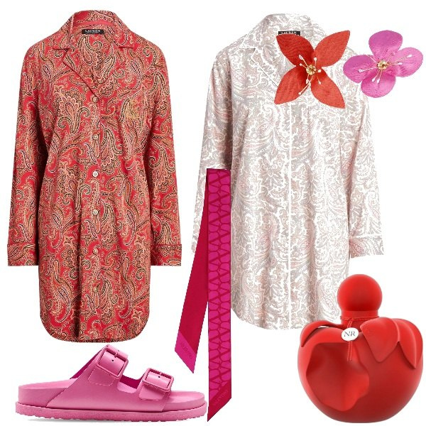 Outfit donna - Regali preziosi. Stile Basic per Tutti i giorni. Abbinamento con profumi, camicie da notte, camicie da notte, sandali in pelle, foulard, orecchini.