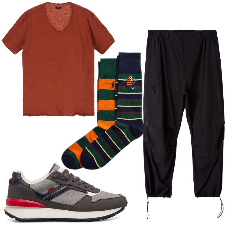 Outfit uomo - Total look #1782847. Stile Trendy per Sport. Abbinamento con pantaloni cargo, t-shirt, maglieria, sneakers.