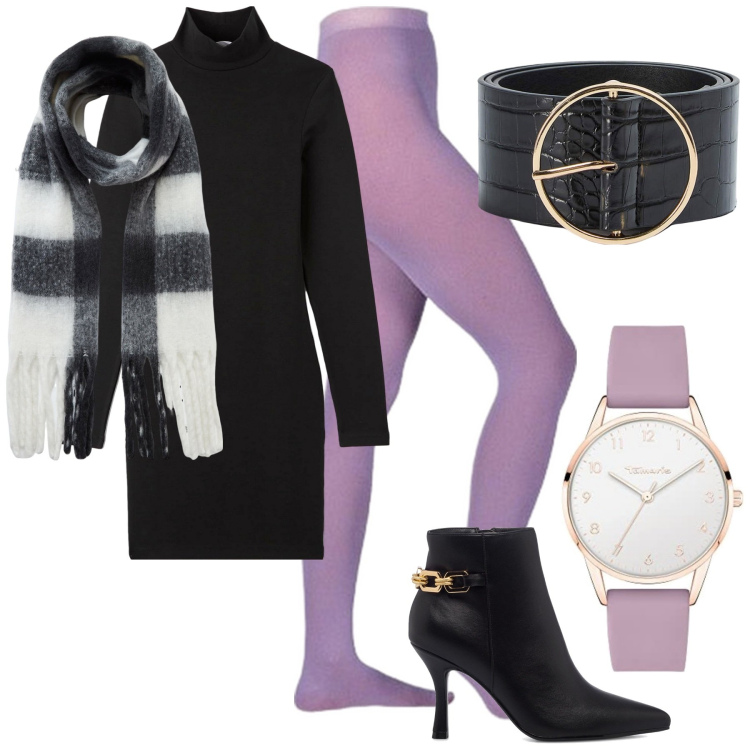 Outfit donna - Emozioni lilla. Stile Glamour per Tutti i giorni. Abbinamento con vestiti midi/longuette, sciarpe, cinture, collant, stivaletti, orologi analogici.