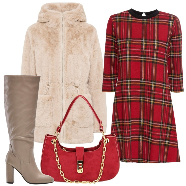 Outfit donna - Tratan natalizio. Stile Trendy per Serata fuori. Abbinamento con vestiti corti, ecopellicce, stivali sopra il ginocchio, borse a spalla.