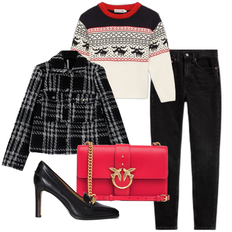 Outfit donna - Punto rosso. Stile Urban per Tutti i giorni. Abbinamento con borse a tracolla, blazer, jeans slim fit, décolleté, maglieria.
