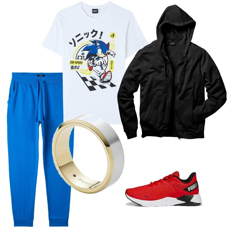 Outfit uomo - Regali sotto l\'albero - Dicembre. Stile Casual per Tutti i giorni. Abbinamento con felpe con cappuccio, t-shirt, pantaloni, sneakers, anelli.