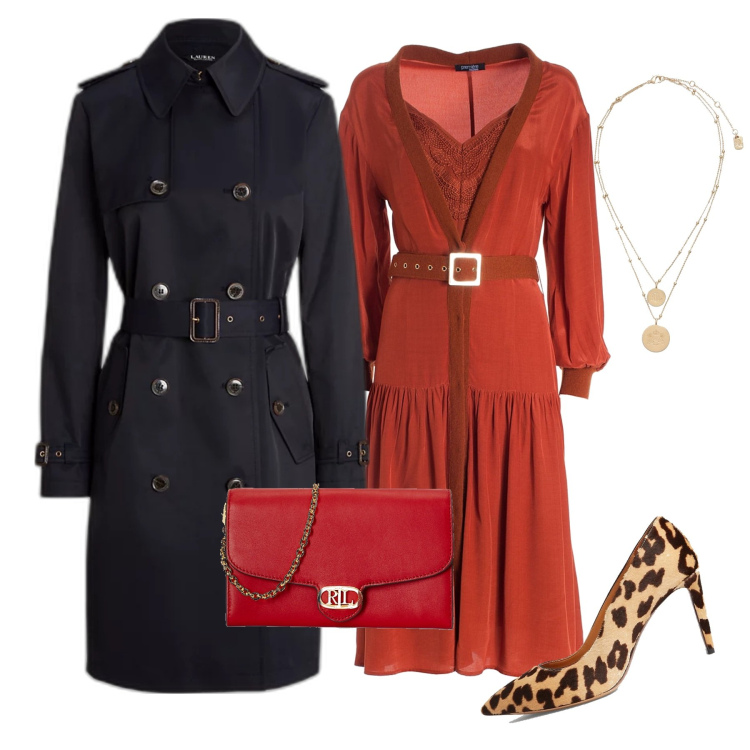 Outfit donna - Merry christmas. Stile Chic per Tutti i giorni. Abbinamento con vestiti midi/longuette, ciondoli, borse a tracolla, décolleté, trench.
