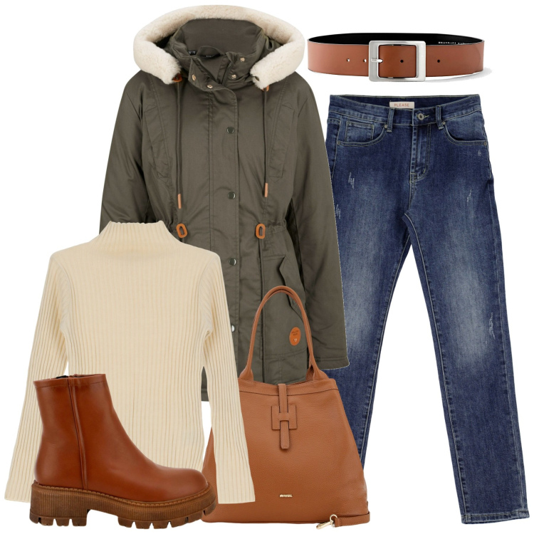 Outfit donna - In città. Stile Basic per Tutti i giorni. Abbinamento con parka, cinture, jeans dritti, stivaletti, pullovers, borse a secchiello.