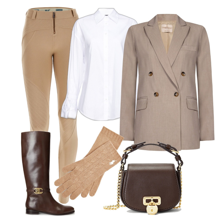 Outfit donna - Total look #1782901. Stile Chic per Tutti i giorni. Abbinamento con blazer, camicie, pantaloni skinny, borse a tracolla, stivali sopra il ginocchio, guanti.