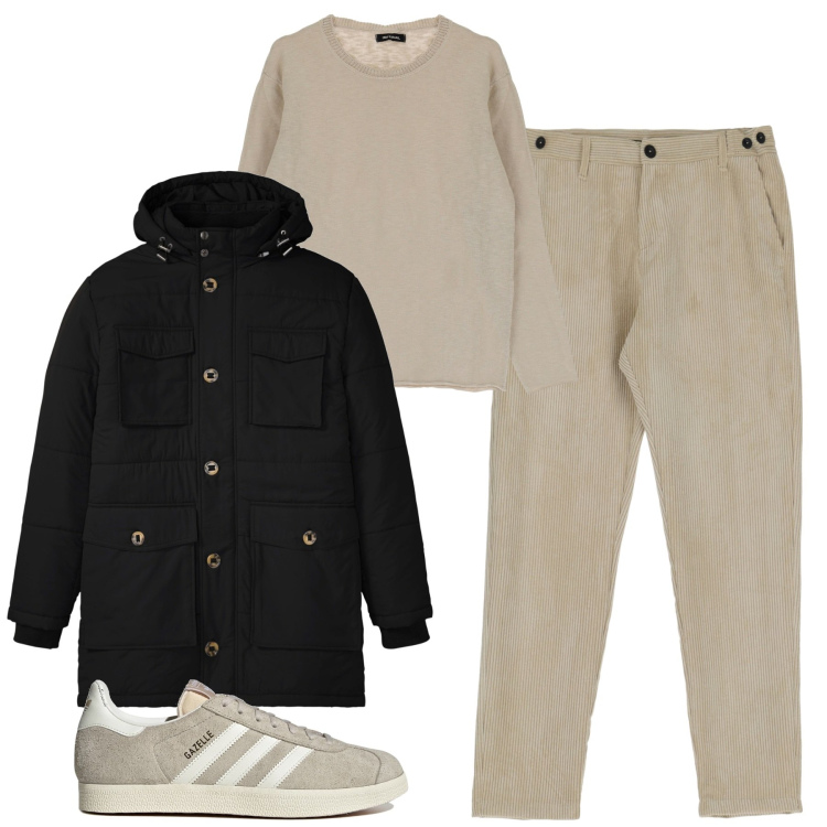 Outfit uomo - Beige e nero. Stile Trendy per Tutti i giorni. Abbinamento con parka, maglieria, pantaloni, sneakers.
