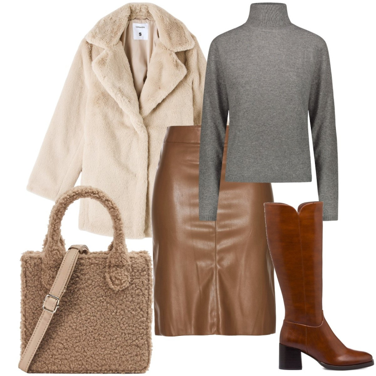 Outfit donna - Il teddy coat. Stile Casual chic per Ufficio. Abbinamento con gonne longuette, ecopellicce, shopping bag, stivali sopra il ginocchio, maglieria.