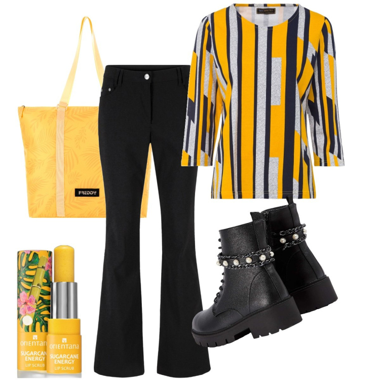Outfit donna - La blusa a righe. Stile Casual chic per Tutti i giorni. Abbinamento con pantaloni, maglieria, matite labbra, anfibi, borse tote.