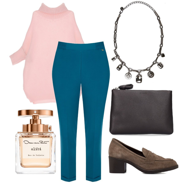 Outfit donna - La collana con tanti charms. Stile Casual chic per Ufficio. Abbinamento con profumi, pantaloni skinny, maglieria, mocassini, pochette, collane.
