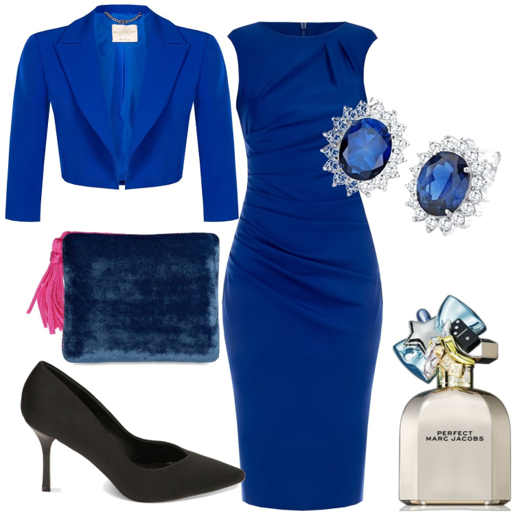 Outfit donna - Festività. Stile Chic per Serata fuori. Abbinamento con profumi, vestiti midi/longuette, cappotti, décolleté, orecchini, pochette.