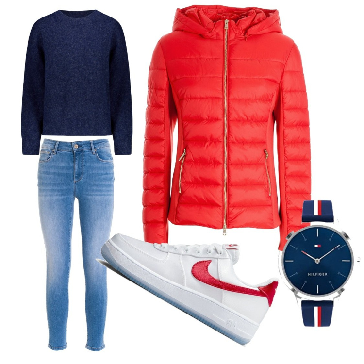 Outfit donna - Intramontabile jeans. Stile Casual per Scuola/Università. Abbinamento con piumini, jeans skinny, maglieria, sneakers, orologi analogici.