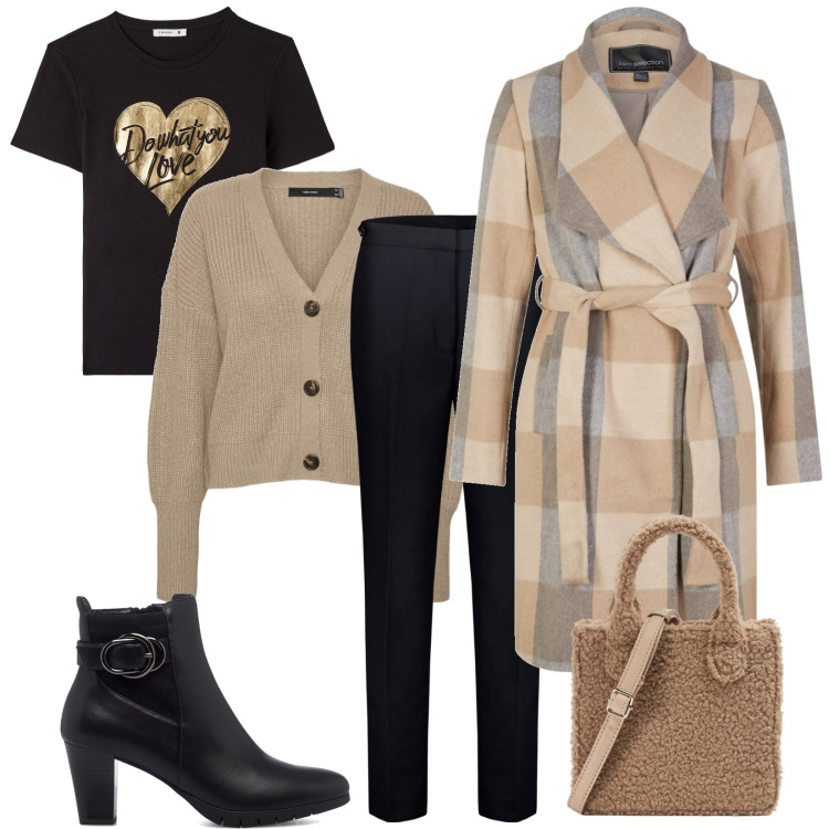 Outfit donna - Al lavoro. Stile Casual per Tutti i giorni. Abbinamento con cappotti, t-shirt, shopping bag, cardigans, stivaletti, pantaloni.