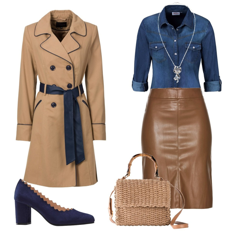 Outfit donna - Bonprix. Stile Casual chic per Ufficio. Abbinamento con gonne longuette, camicie, trench, collane, décolleté, borse a mano.