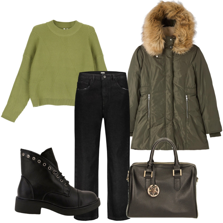 Outfit donna - Passeggiata in centro città. Stile Casual per Tutti i giorni. Abbinamento con pullovers, stivaletti, borse a mano, jeans, parka.