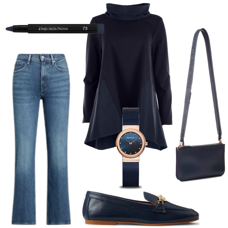 Outfit donna - Total look #1782975. Stile Casual chic per Tutti i giorni. Abbinamento con ombretti, mocassini, borse a tracolla, jeans bootcut, t-shirt, orologi.