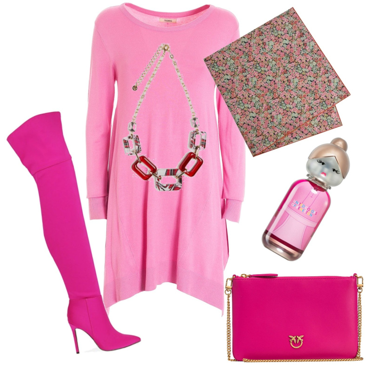 Outfit donna - Pink. Stile Casual per Tutti i giorni. Abbinamento con profumi, borse a tracolla, vestiti asimmetrici, stivali, collane, sciarpe.