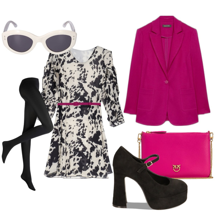 Outfit donna - Abito maculato e tacchi. Stile Casual chic per Serata fuori. Abbinamento con collant, borse a tracolla, vestiti corti, décolleté, blazer, occhiali da sole.