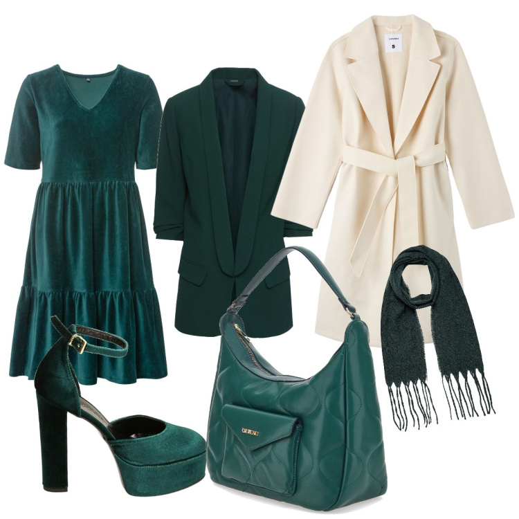 Outfit donna - Verde smeraldo. Stile Casual chic per Tutti i giorni. Abbinamento con blazer, vestiti, cappotti, décolleté, borse a spalla, sciarpe.