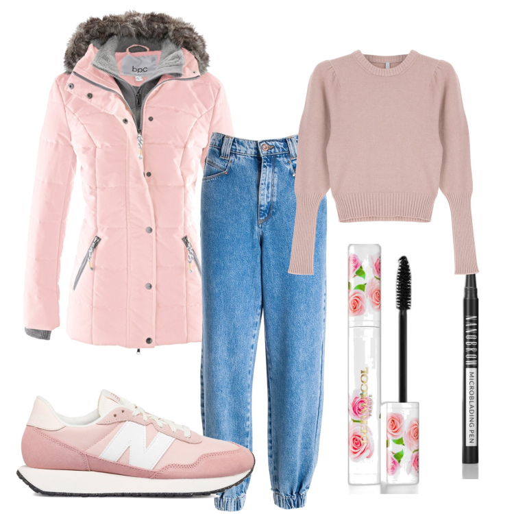 Outfit donna - Rose. Stile Sporty chic per Tutti i giorni. Abbinamento con piumini, eyeliner, mascara, jeans dritti, pullovers, sneakers.