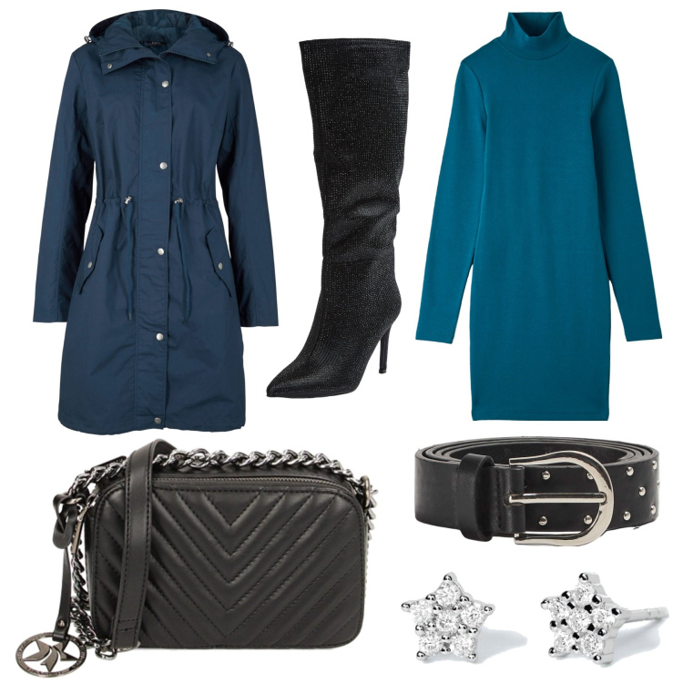 Outfit donna - Semplice, ma glamour. Stile Glamour per Serata fuori. Abbinamento con parka, orecchini, vestiti, stivali sopra il ginocchio, cinture, borse a tracolla.