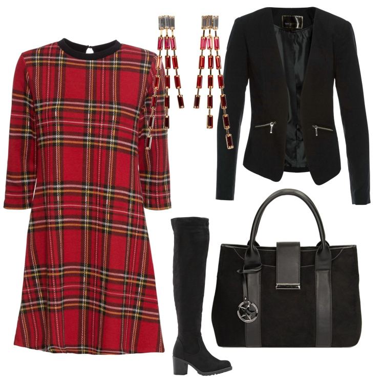 Outfit donna - Abito tartan. Stile Trendy per Serata fuori. Abbinamento con vestiti corti, orecchini, blazer, stivali sopra il ginocchio, borse a mano.