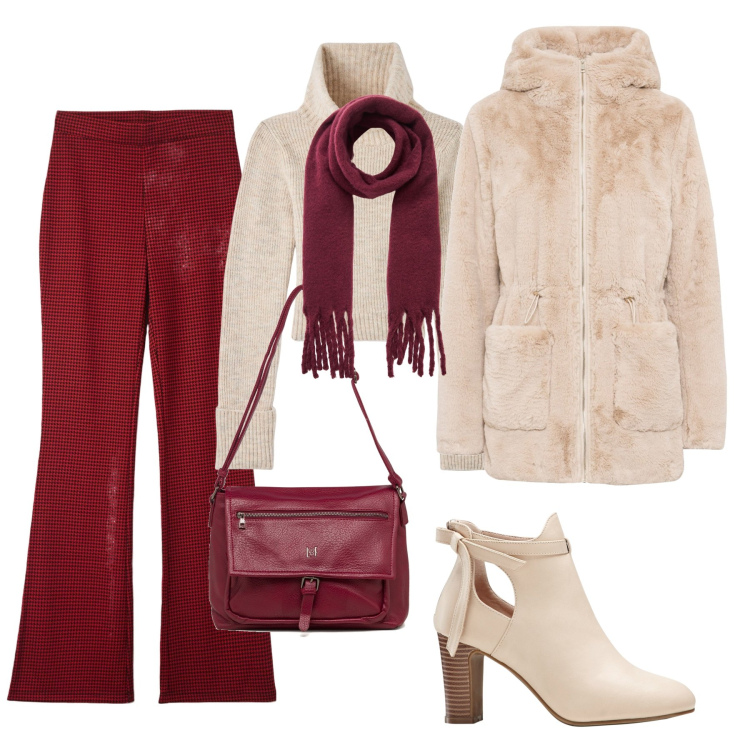 Outfit donna - Inviti informali. Stile Casual per Serata fuori. Abbinamento con ecopellicce, stivaletti, pantaloni, maglieria, sciarpe, borse a tracolla.