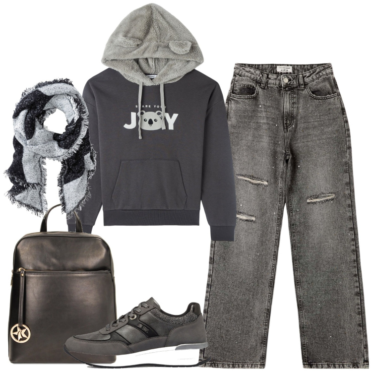 Outfit donna - Total look #1783063. Stile Casual per Tutti i giorni. Abbinamento con sciarpe, jeans strappati, felpe con cappuccio, zaini, sneakers.