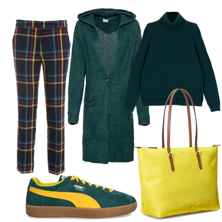 Outfit donna - Vivere la città. Stile Casual per Tutti i giorni. Abbinamento con cardigans, pantaloni, maglieria, borse tote, sneakers.
