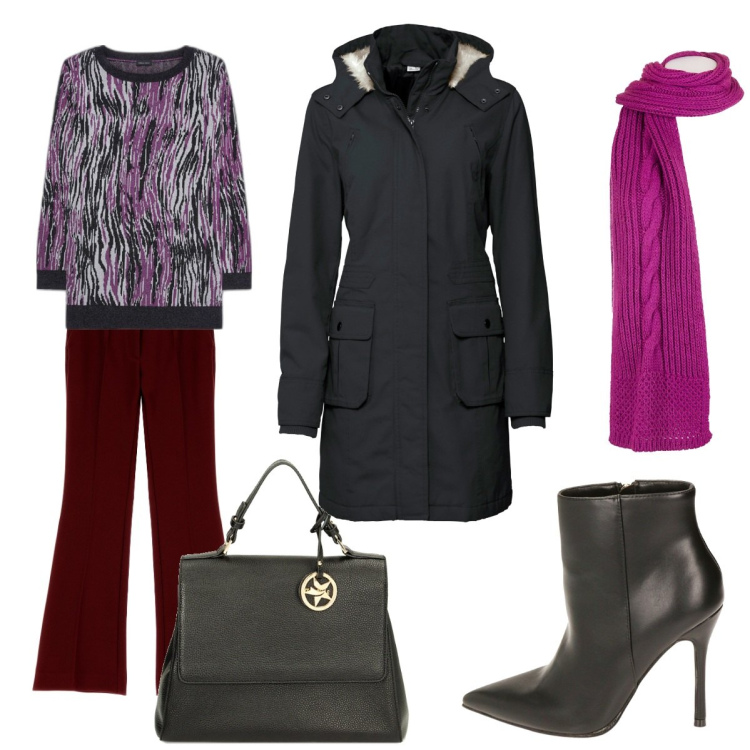 Outfit donna - Tempo Libero. Stile Boho per Tutti i giorni. Abbinamento con parka, sciarpe, pantaloni, borse a mano, stivaletti, maglieria.