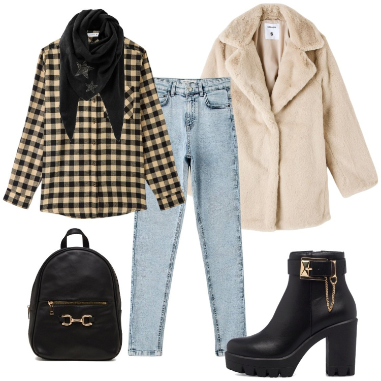 Outfit donna - Teddy beige. Stile Casual per Scuola/Università. Abbinamento con foulard, jeans skinny, ecopellicce, camicie, stivaletti, zaini.