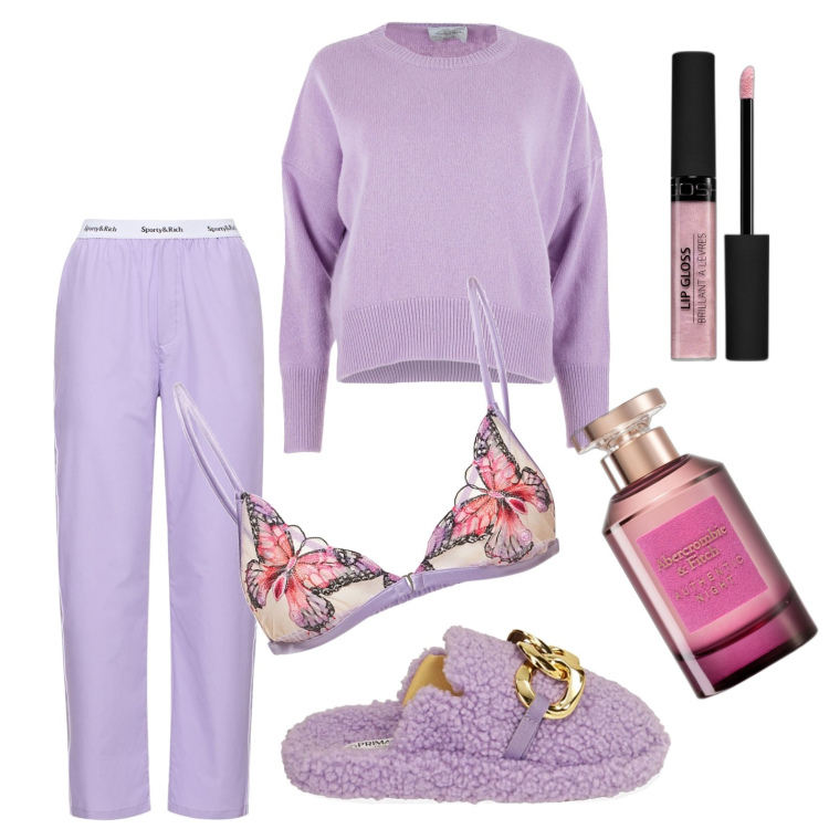 Outfit donna - Homewear romantico. Stile Romantica per Tutti i giorni. Abbinamento con profumi, gloss, pantofole, pullovers, reggiseni, pigiama.