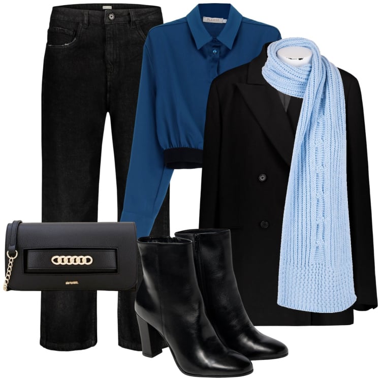 Outfit donna - Stivaletti col tacco. Stile Mannish per Serata fuori. Abbinamento con camicie, pochette, sciarpe, jeans, stivaletti, blazer.