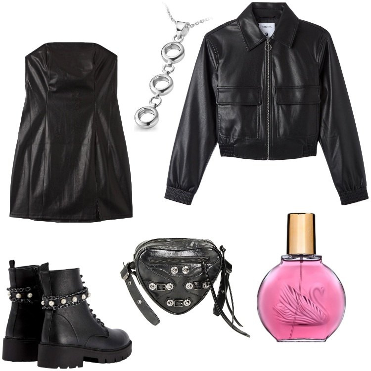 Outfit donna - Gloria Vanderbilt Minuit à New York-Dic. Stile Rock per Serata fuori. Abbinamento con profumi, anfibi, vestiti midi/longuette, bomber, borse a tracolla, collane.