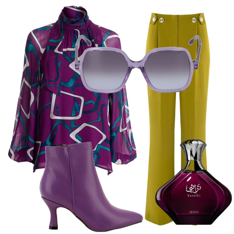 Outfit donna - Fantasia in viola. Stile Chic per Ufficio. Abbinamento con profumi, pantaloni a palazzo, bluse, stivaletti, occhiali da sole.