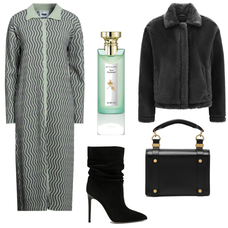 Outfit donna - Verde e nero. Stile Minimal per Serata fuori. Abbinamento con vestiti midi/longuette, profumi, cappotti, borse a tracolla, stivali.