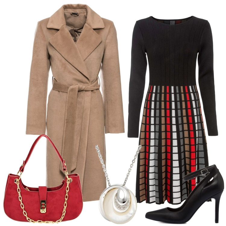 Outfit donna - Pranzo in città. Stile Chic per Tutti i giorni. Abbinamento con vestiti, cappotti, borse a spalla, décolleté, collane.