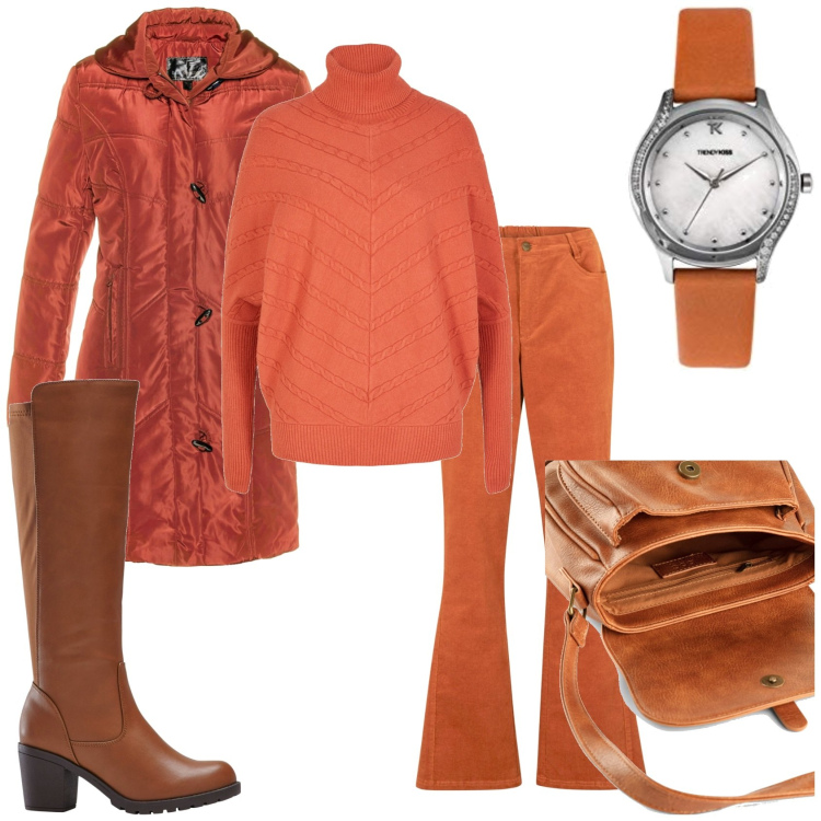 Outfit donna - Ruggine per la giornata. Stile Trendy per Tutti i giorni. Abbinamento con borse a tracolla, stivali, maglieria, maglieria, pantaloni, orologi.