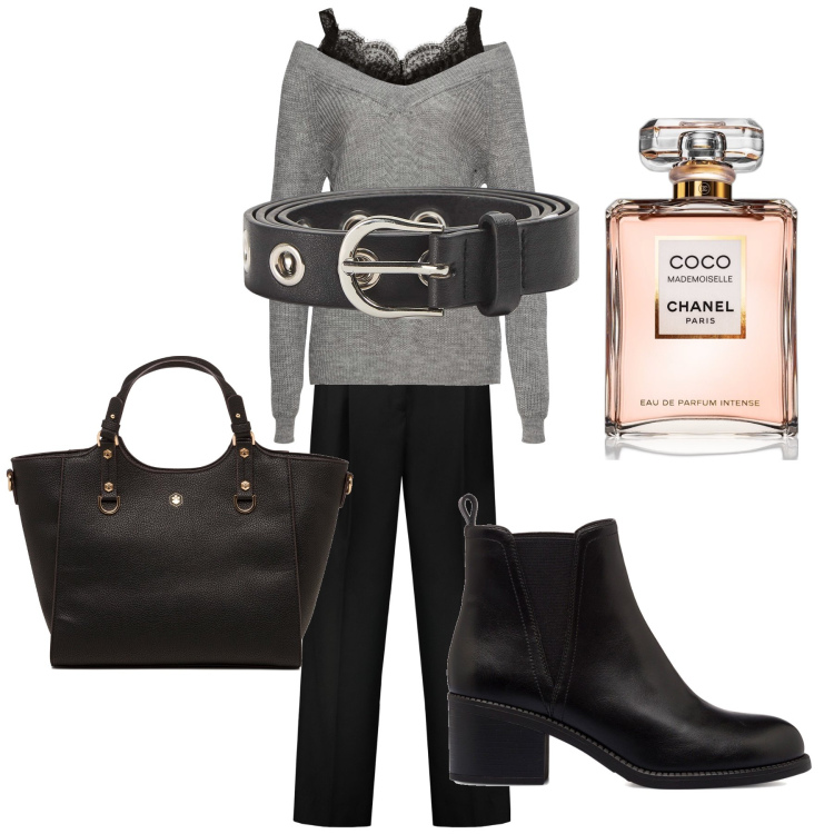 Outfit donna - A day in Milan. Stile Casual chic per Tutti i giorni. look ideale per Petite. Abbinamento con maglieria, profumi, cinture, stivaletti, borse a mano, pantaloni.