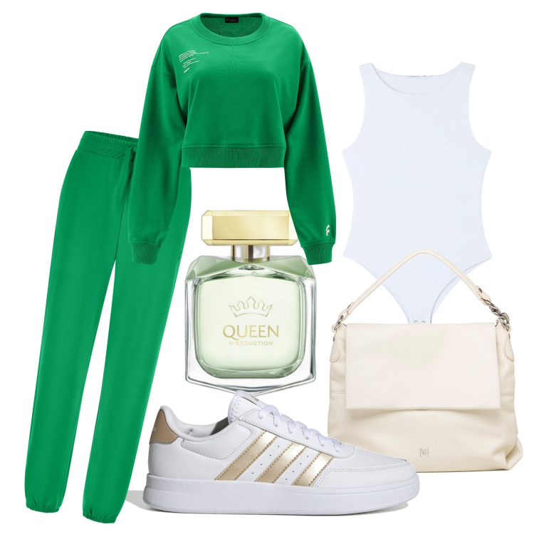Outfit donna - Verde Freddy. Stile Trendy per Tutti i giorni. Abbinamento con profumi, body, pantaloni sportivi, felpe, sneakers, borse a spalla.